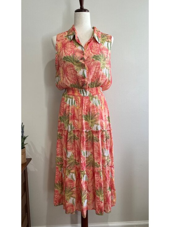 Alex & Parker Dresses & Skirts - Alex & Parker Sleeveless Midi Dress Womens XL Coral Tropical Print Tiered